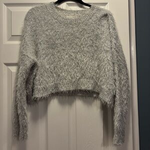 S-P Urban Outfitters Silver Metallic Cropped Fuzzy Holiday Sweater